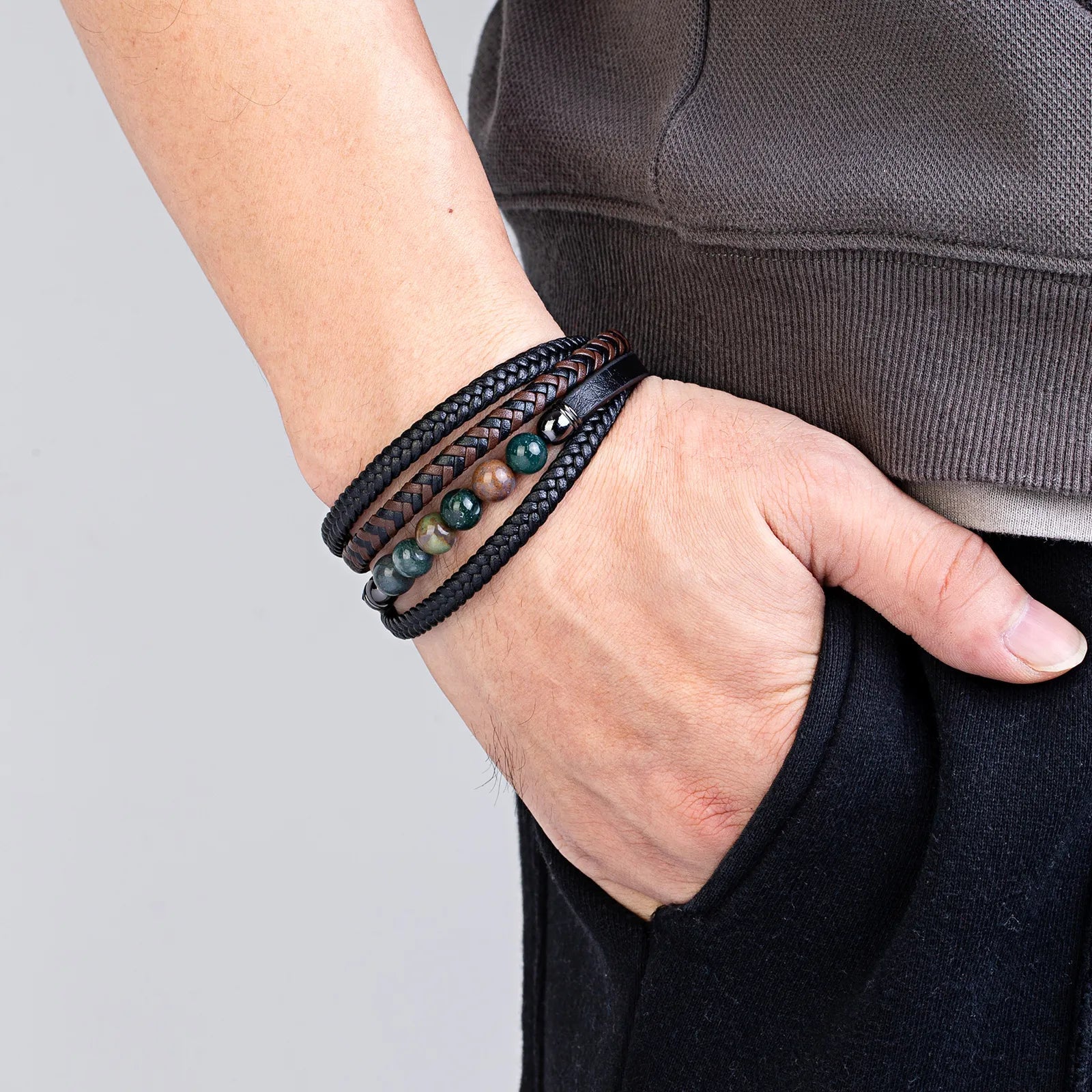 Bracelet pour Homme Lithos : Cuir & Pierres Naturelles - Accessoire  Distinctif