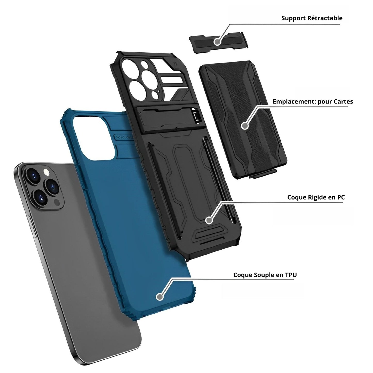 Coque de Téléphone Slim Armor avec Porte-cartes et Béquille - Bleu - iPhone 12 - Neolyst